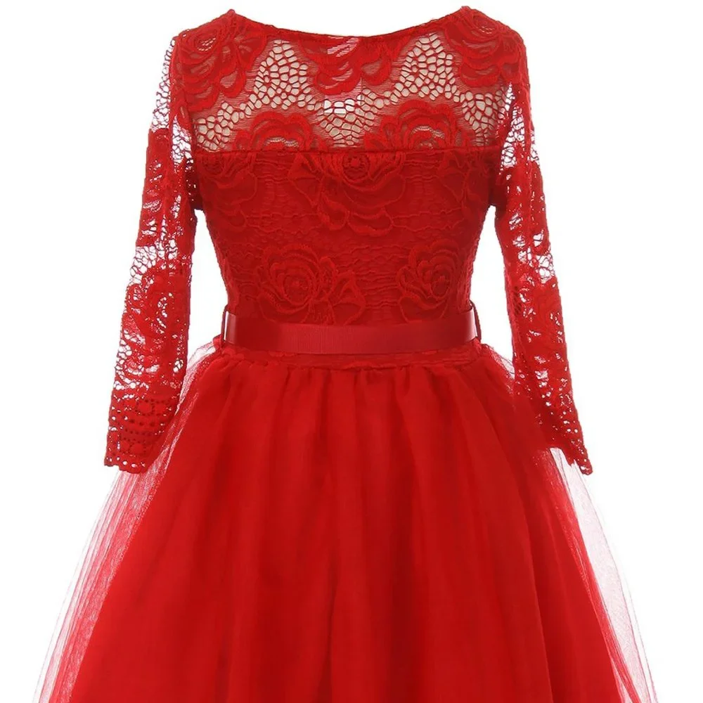 Red SZ 2 Long Sleeve Girls Dress Floral Lace Roses Corsage Christmas Flower Girl
